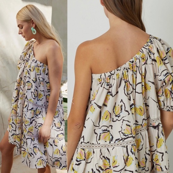 Velvet by Graham & Spencer Anthropologie Cream Floral One Shoulder Dress - Picture 2 of 7